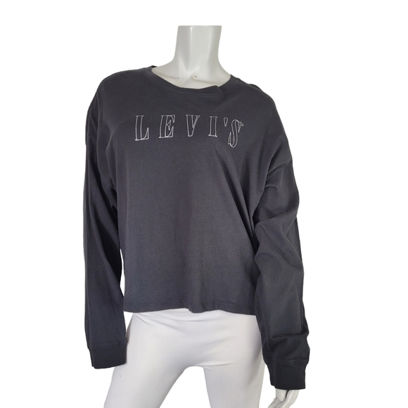 Levi's SZ XXL Tee T Shirt Long Sleeve Black Silver Spellout Logo Cropped Preppy - Picture 1 of 10